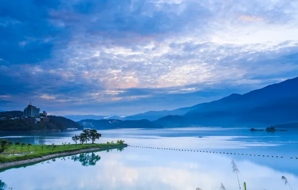 Picture the sky, clouds, trees, mountains, nature, lake, reflection, dawn