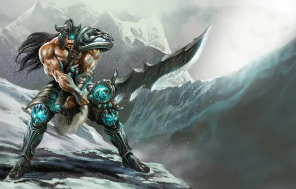 Picture snow, mountains, weapons, sword, armor, warrior, male, league of legends