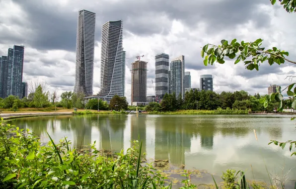 Picture the sun, clouds, trees, pond, Park, home