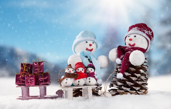 Winter, snow, snowflakes, New Year, Christmas, snowman, happy, Christmas