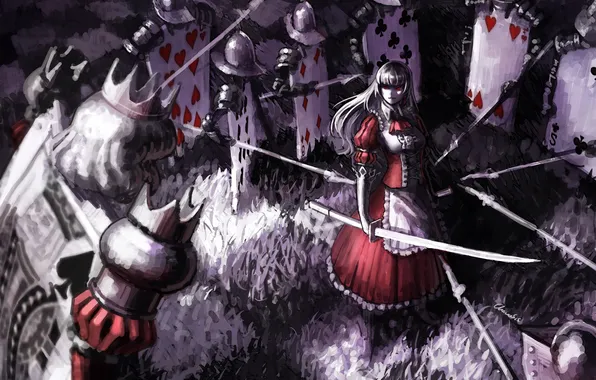 Card, girl, weapons, sword, soldiers, Alice in Wonderland, Alice in Wonderland, grin