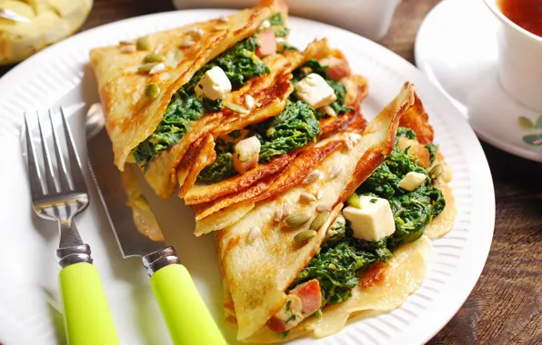 Greens, cheese, plate, plug, filling, pancakes, ham