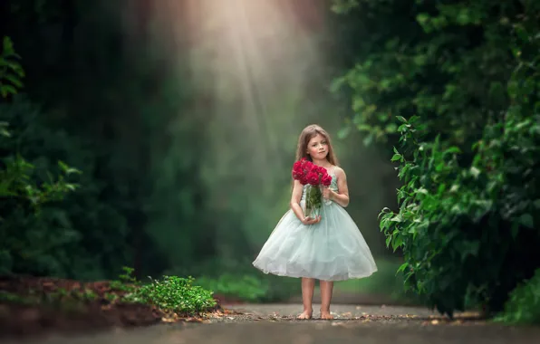 Picture flowers, roses, bouquet, barefoot, dress, girl, bokeh