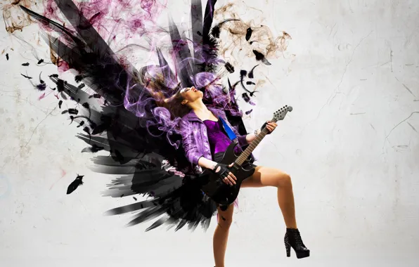 Girl, music, smoke, guitar, wings, rock