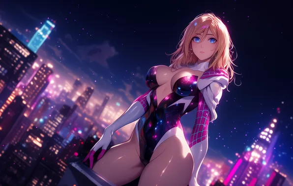 Spider-man, night, new york, spider man, gwen stacy, spider gwen, Gwen Stacy, Gwen the Spider