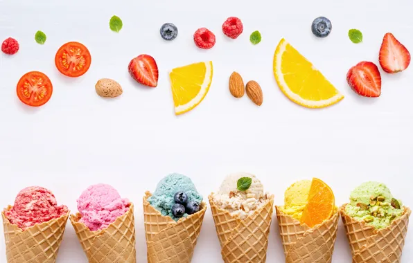 Picture berries, colorful, ice cream, fruit, horn, fruit, berries, ice cream