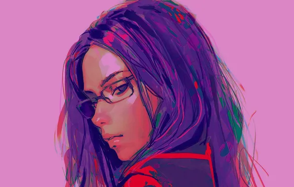 Picture lilac background, portrait of a girl, in profile, glasses, long hair, Ilya Kuvshinov