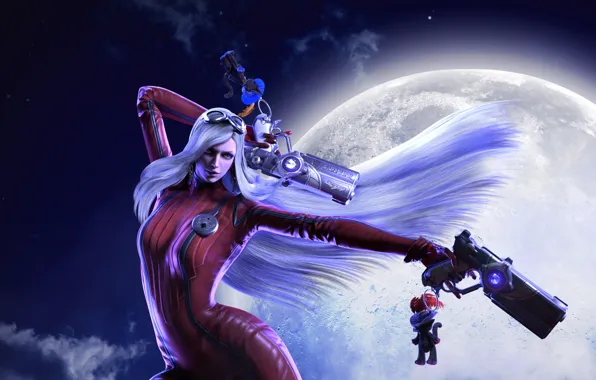 Picture girl, night, the moon, guns, witch, the full moon, Platinum Games, Bayonetta