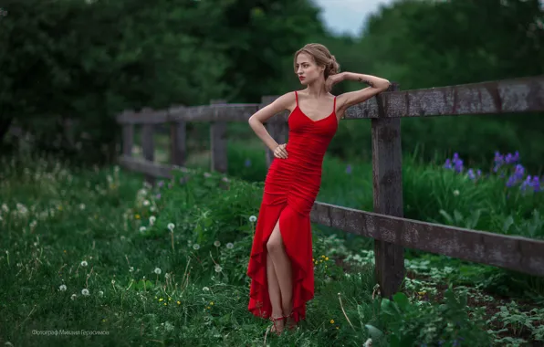 Greens, grass, trees, flowers, nature, sexy, model, the fence