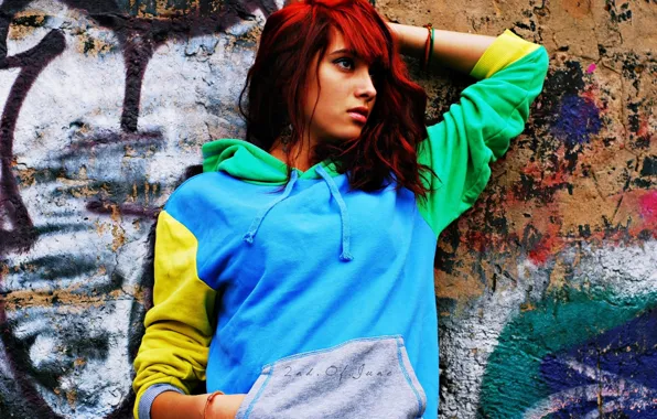 Picture girl, background, wall, Wallpaper, graffiti, mood, red hair, jacket. bright