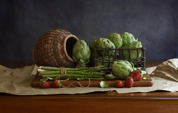 Paper, berries, table, strawberry, pot, still life, box, asparagus