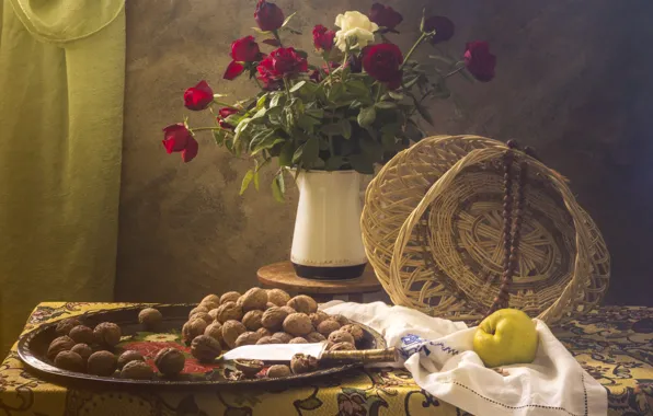 Flowers, table, roses, towel, bouquet, knife, red, pitcher