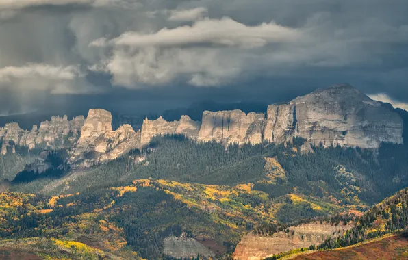 Autumn, forest, clouds, mountains, fog, rocks, hills, the slopes