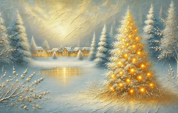 Winter, the sky, clouds, snow, trees, house, toys, Christmas tree