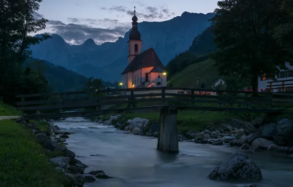 Mountains, bridge, river, Germany, Bayern, Church, Germany, Bavaria