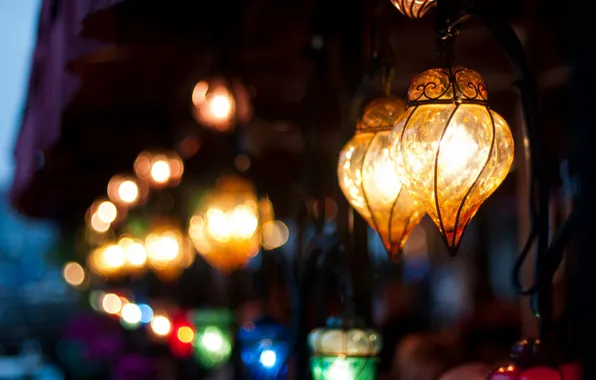 The city, house, lamp, the building, the evening, lights, blur, bokeh