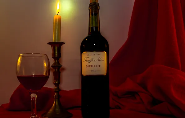 Fire, wine, red, glass, bottle, candle