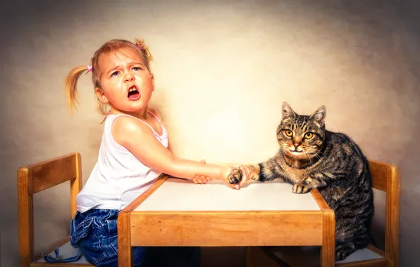 Picture cat, girl, Arm Wrestling