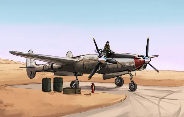Desert, fighter, art, pilot, Lockheed, USAF, P-38 Lightning