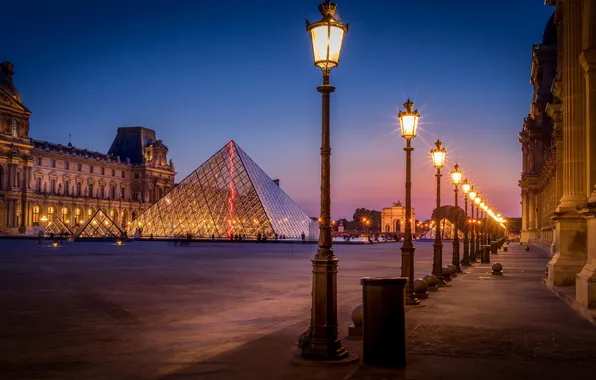 France, Paris, the evening, lights, the Louvre