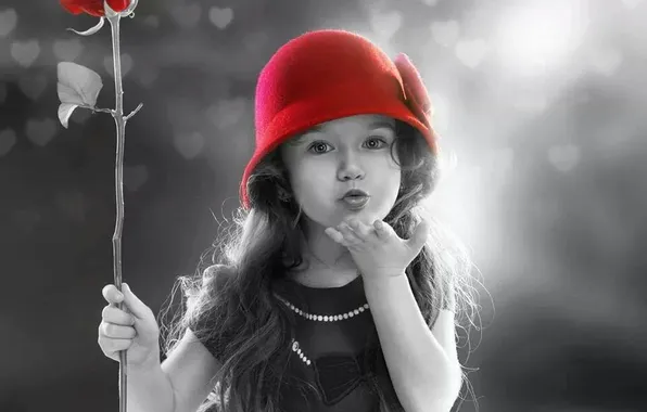 Picture red, girl, Red, black, Rose, kiss, child