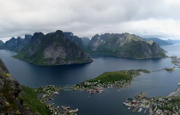 Islands, mountains, Norway, bridges, Norway, islands, town., Lofoten