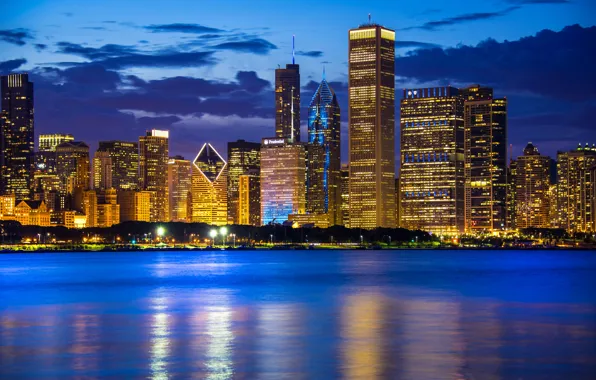 Water, lake, building, Chicago, Il, night city, Chicago, Illinois