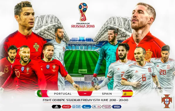 Picture collage, football, poster, Portugal, Russia, Spain, poster, 2018