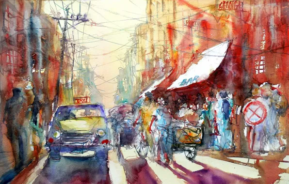 The city, street, watercolor