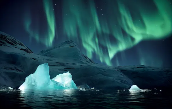 Winter, the sky, landscape, nature, ice, Northern lights, ice, pond
