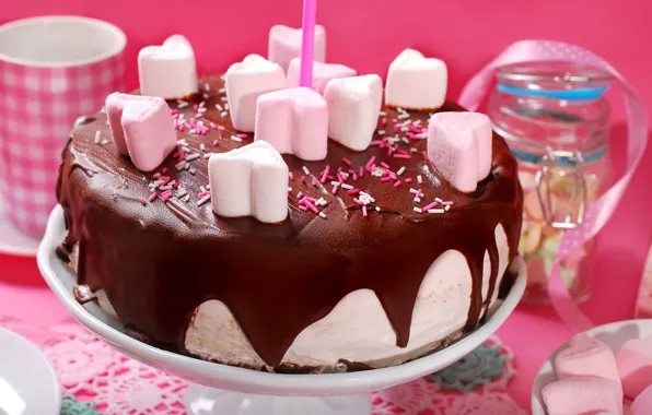 Heart, chocolate, cake, sweet, chocolate, glaze, marshmallows, Birthday