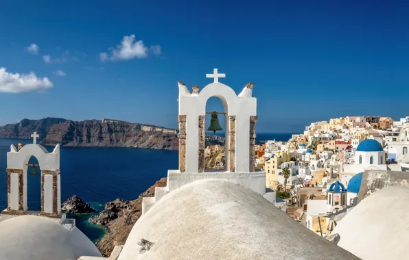 Picture sea, mountains, building, home, Santorini, Greece, Church, Santorini