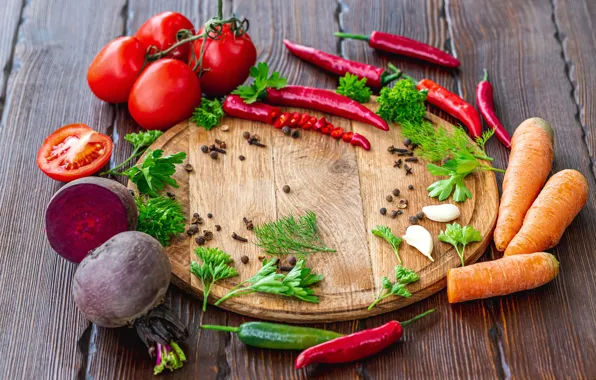 Greens, Board, pepper, vegetables, tomatoes, beets