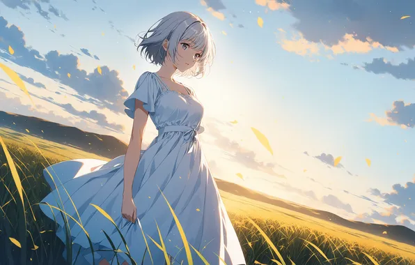 Field, girl, the sun, anime, girl, field, woman, anime