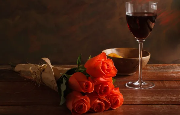 Table, wine, red, glass, roses, bouquet, red, dried apricots