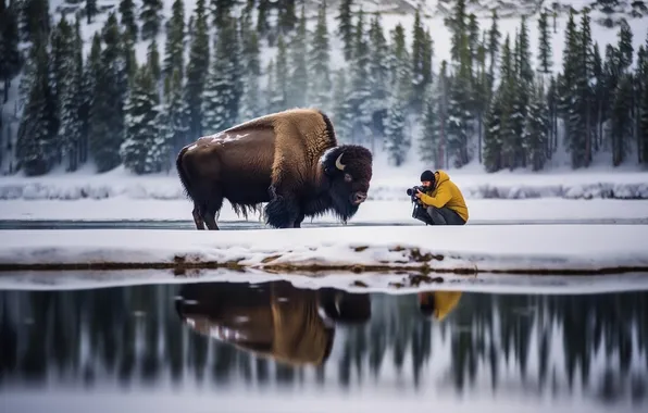 Picture Water, Winter, Reflection, Trees, Snow, Male, Digital art, Buffalo