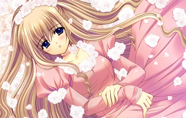 Picture girl, flowers, hair, roses, anime, dress