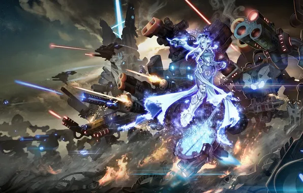 Girl, weapons, magic, mechanism, robots, art, battle, shots