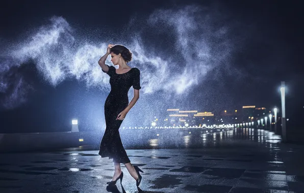 Girl, the city, rain, night lights, brown hair