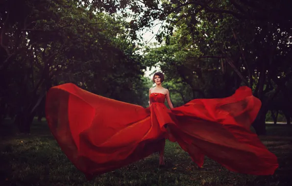 Girl, trees, style, red, dress, photographer, Nikolay Tikhomirov