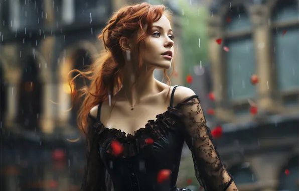 Picture girl, rain, model, petals, red