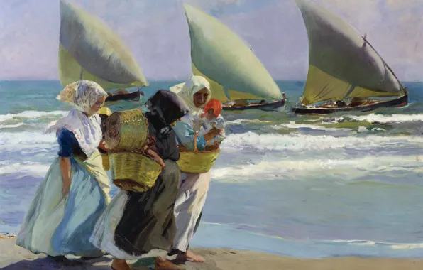 Women, shore, boat, picture, sail, seascape, genre, Joaquin Sorolla