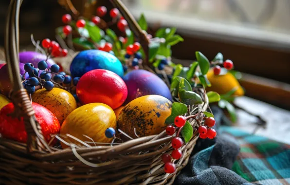 Holiday, eggs, spring, Easter, basket, painted, eggs, Easter