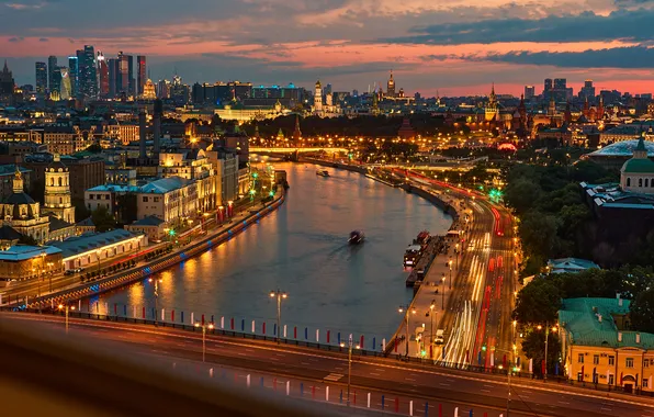 The sky, sunset, bridge, river, building, skyscrapers, the evening, lights