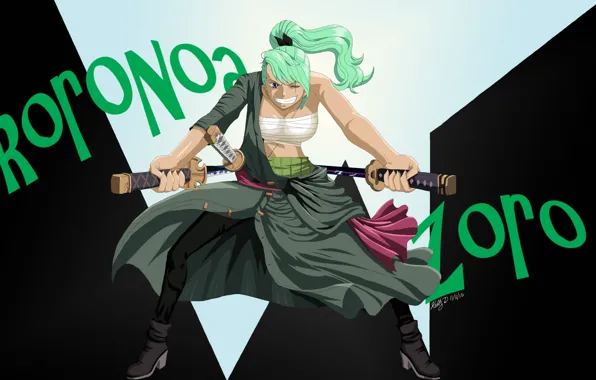 Green, Japan, girl, sword, game, One Piece, pirate, anime