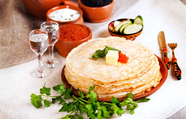 Greens, alcohol, caviar, cakes, carnival, pancakes, sour cream, Caviar