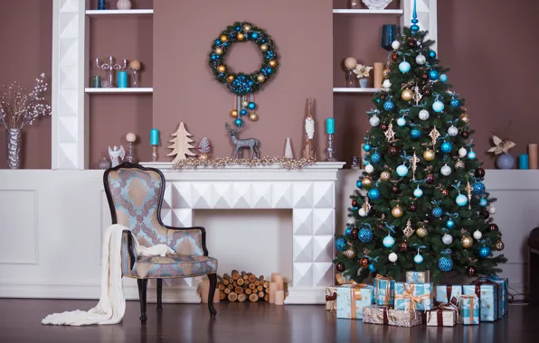 Decoration, room, toys, tree, New Year, Christmas, gifts, white