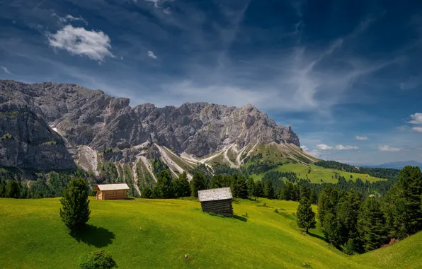 Trees, mountains, valley, Italy, houses, Italy, The Dolomites, South Tyrol
