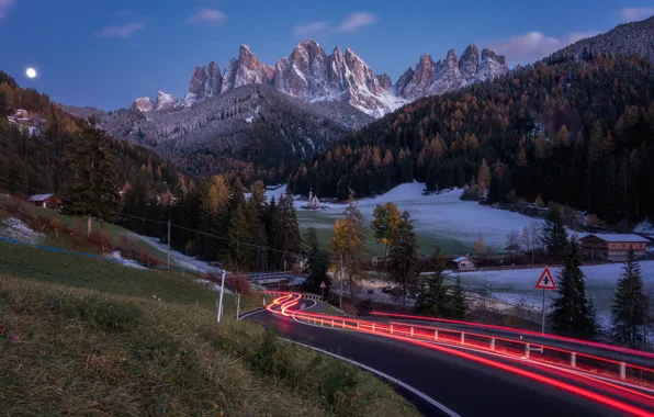 Road, autumn, forest, mountains, valley, Italy, Italy, The Dolomites
