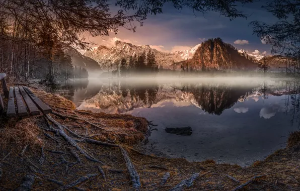 Mountains, nature, lake, twilight, bench